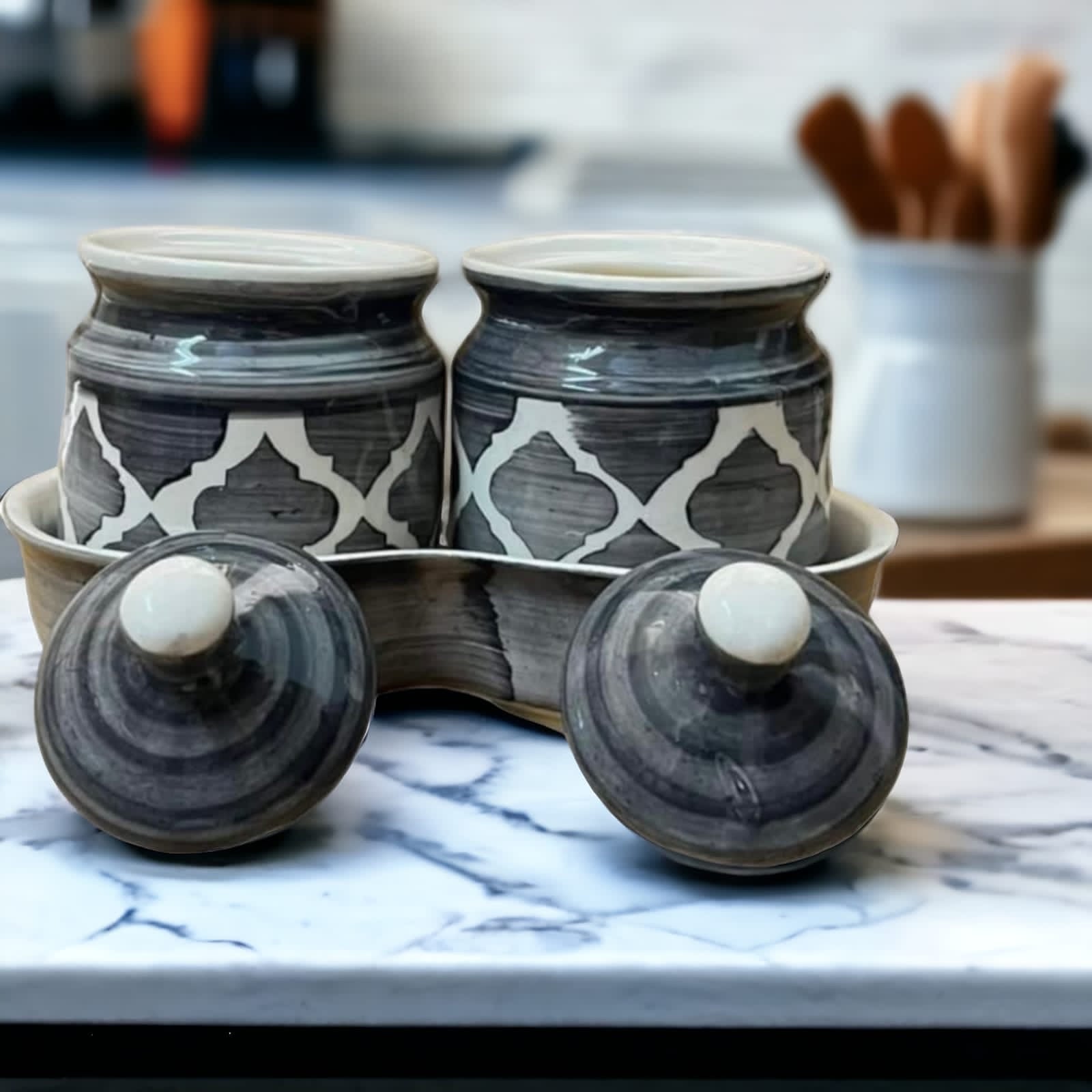 JhaJi Ceramics Pickle Serving Jar Set with Tray | Condiment Set | Masala Container | Pickle and Chutney Jar Set for Dining Table, 200ML Set of 2