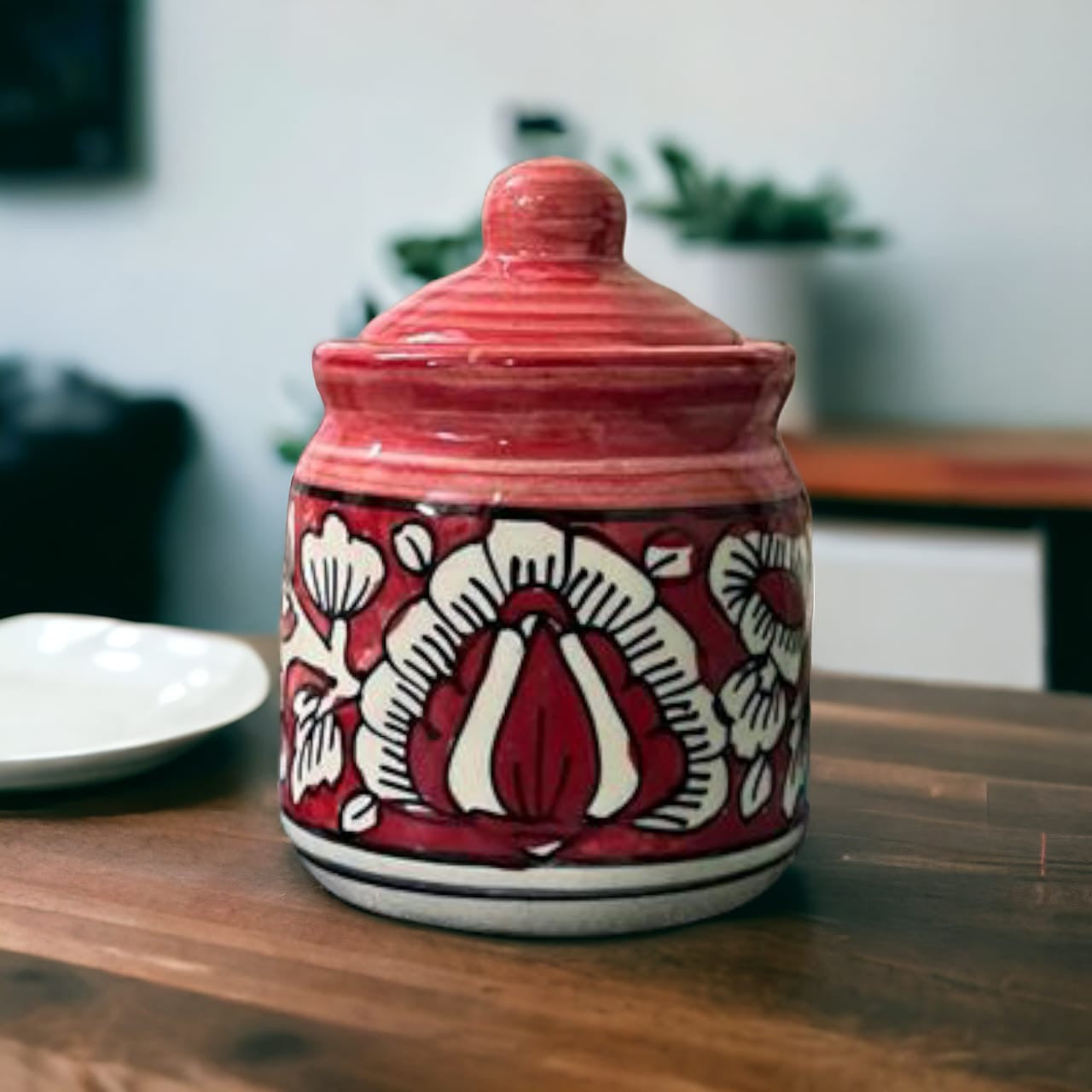 JhaJi Ceramics Pickle Serving Jar Set with Tray | Condiment Set | Masala Container | Pickle and Chutney Jar Set for Dining Table, 200ML Set of 2