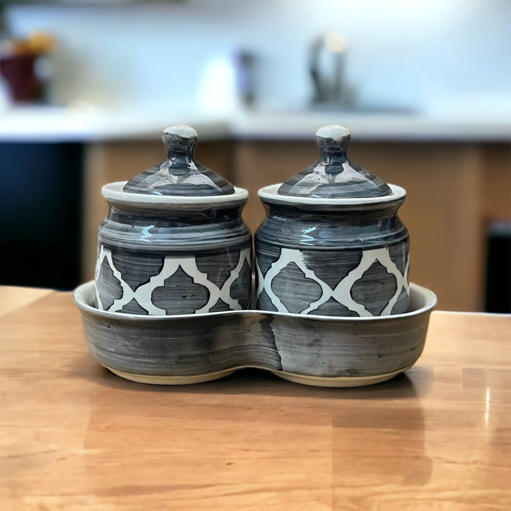 JhaJi Ceramics Pickle Serving Jar Set with Tray | Condiment Set | Masala Container | Pickle and Chutney Jar Set for Dining Table, 200ML Set of 2