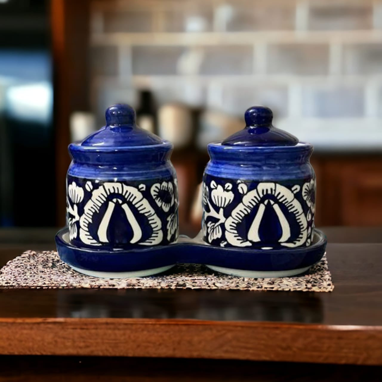JhaJi Ceramics Pickle Serving Jar Set with Tray | Condiment Set | Masala Container | Pickle and Chutney Jar Set for Dining Table, 200ML Set of 2
