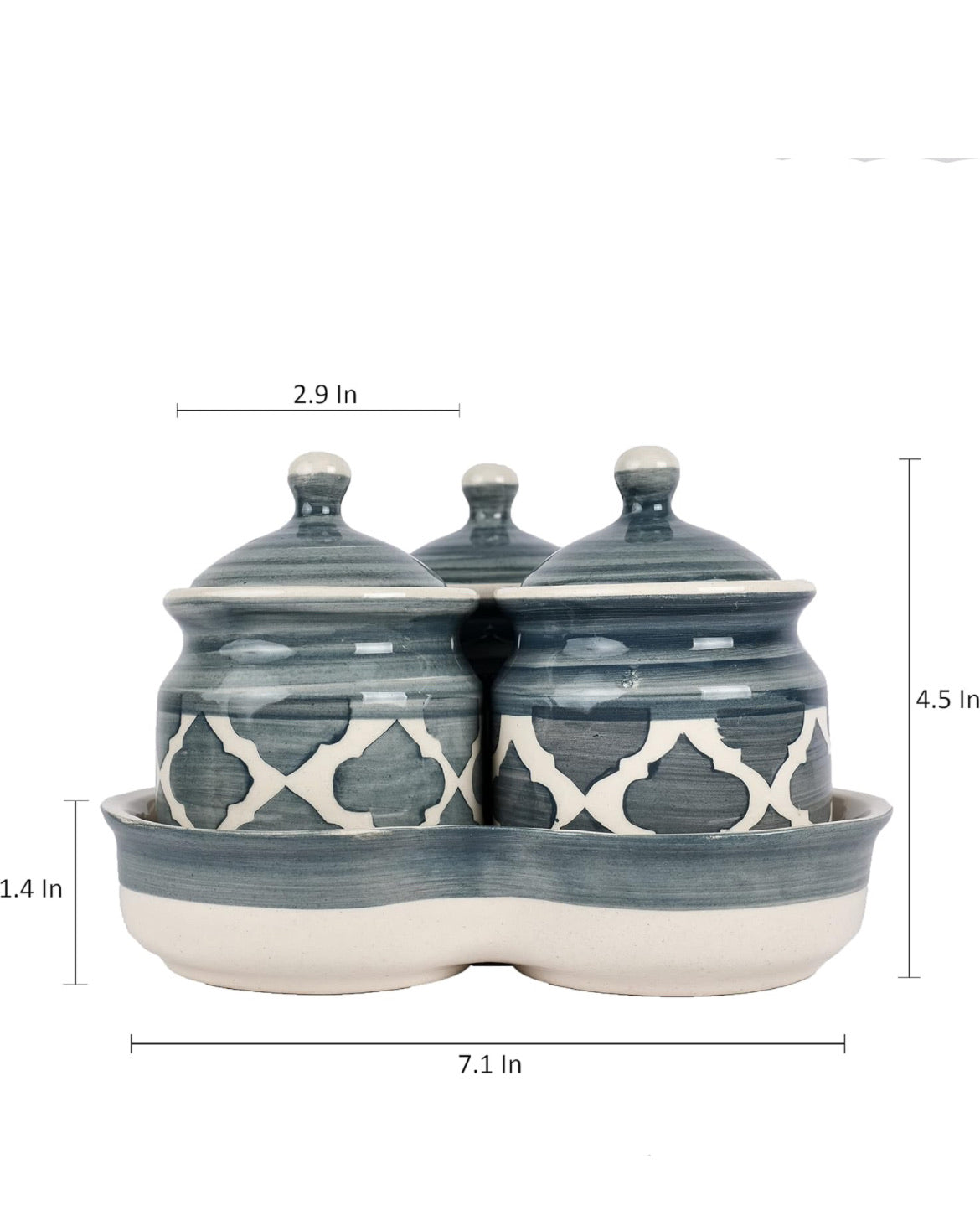 JhaJi Ceramics Pickle Serving Jar Set with Tray | Condiment Set | Masala Container | Pickle and Chutney Jar Set for Dining Table, 200ML Set of 3