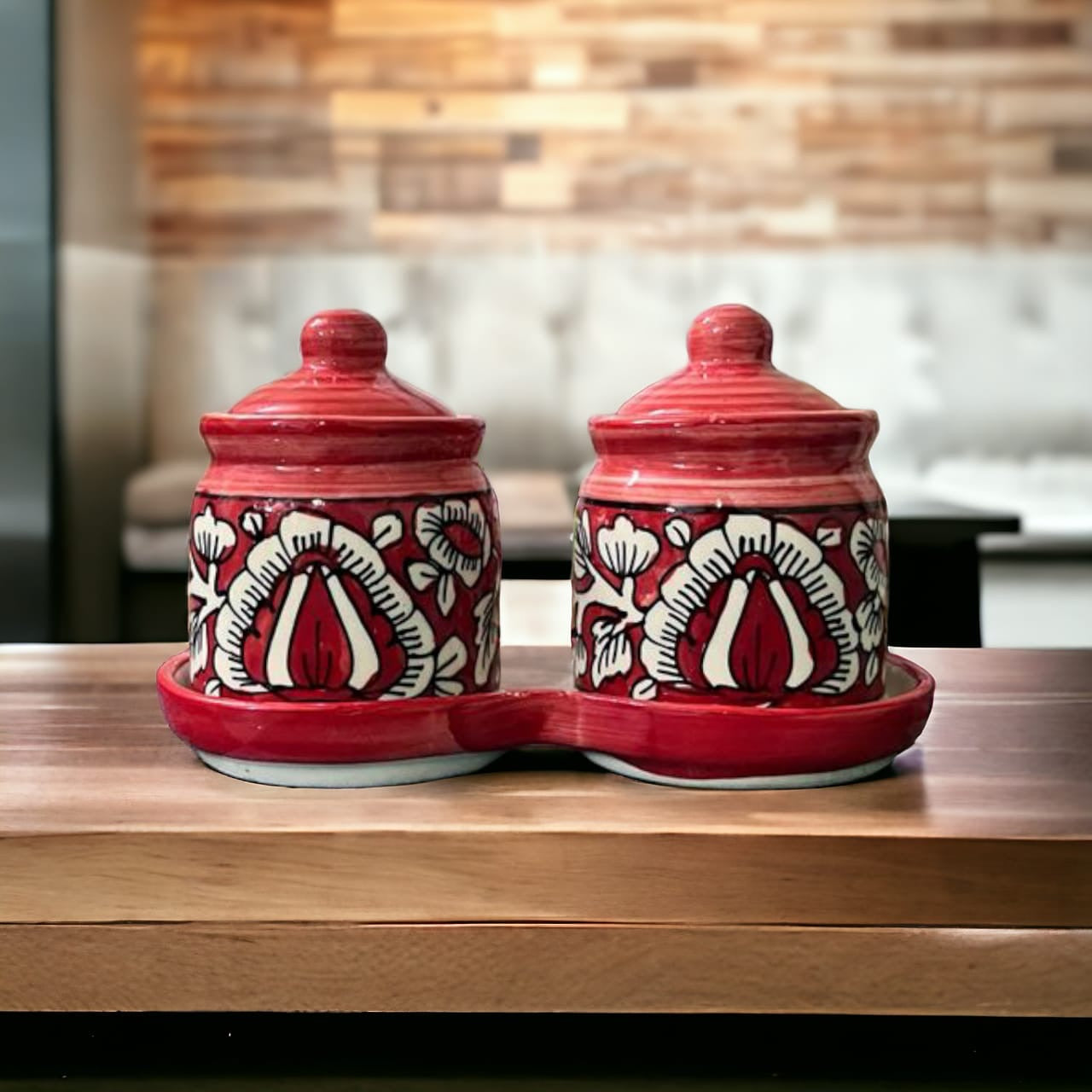 JhaJi Ceramics Pickle Serving Jar Set with Tray | Condiment Set | Masala Container | Pickle and Chutney Jar Set for Dining Table, 200ML Set of 2