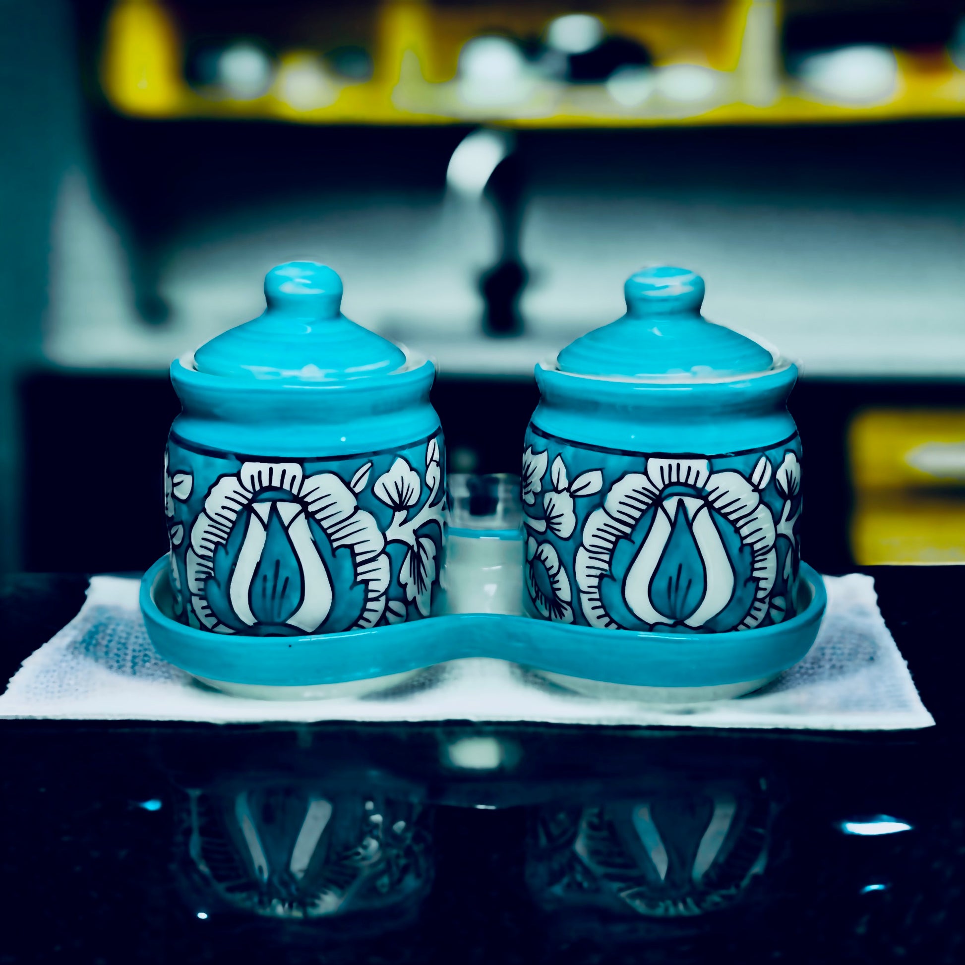 JhaJi Ceramics Pickle Serving Jar Set with Tray | Condiment Set | Masala Container | Pickle and Chutney Jar Set for Dining Table, 200ML Set of 2