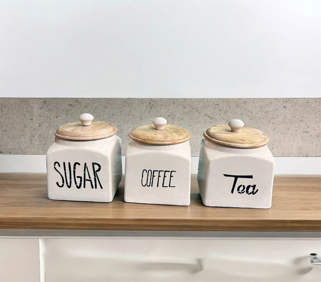 Jha Ji Ceramic Air Tight Jars with Wooden Lids – Pack of 3