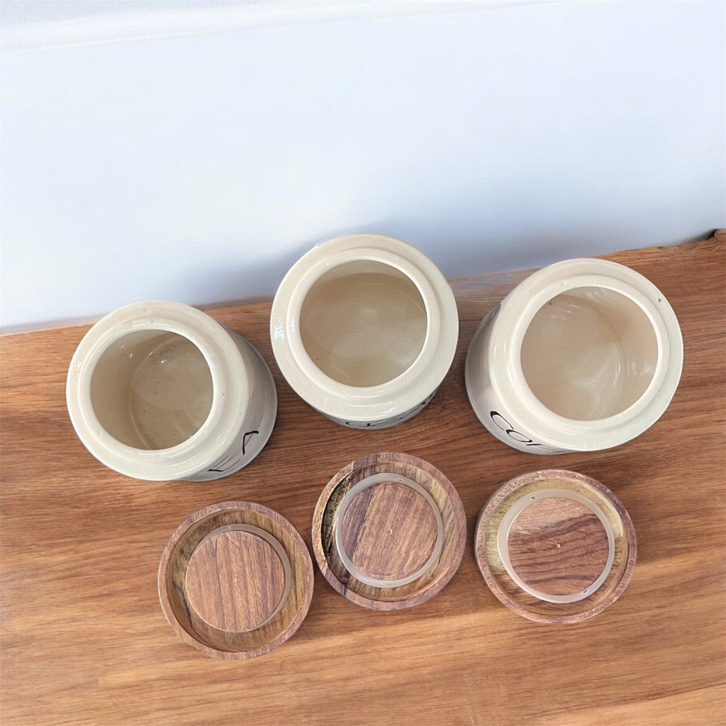 Jha Ji Ceramic Air Tight Jars with Wooden Lids – Pack of 3