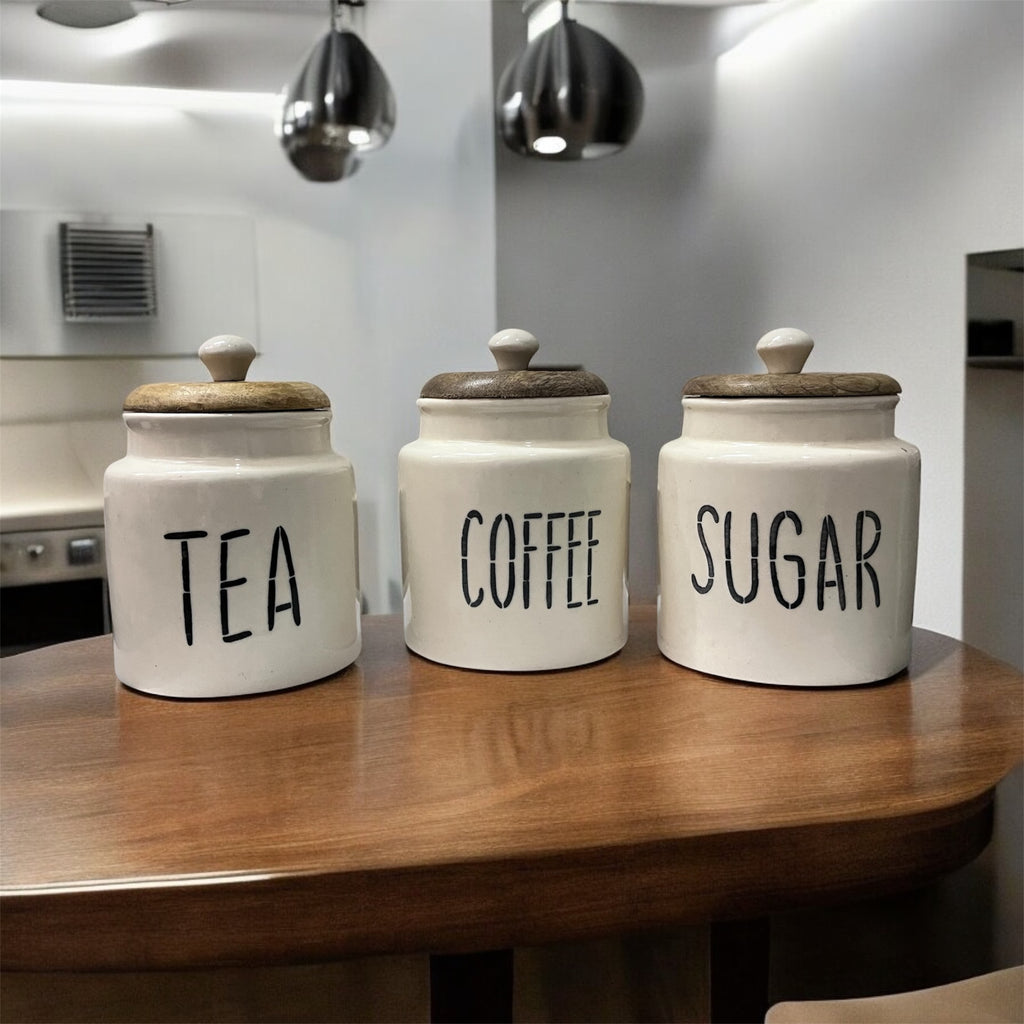 Jha Ji Ceramic Air Tight Jars with Wooden Lids – Pack of 3