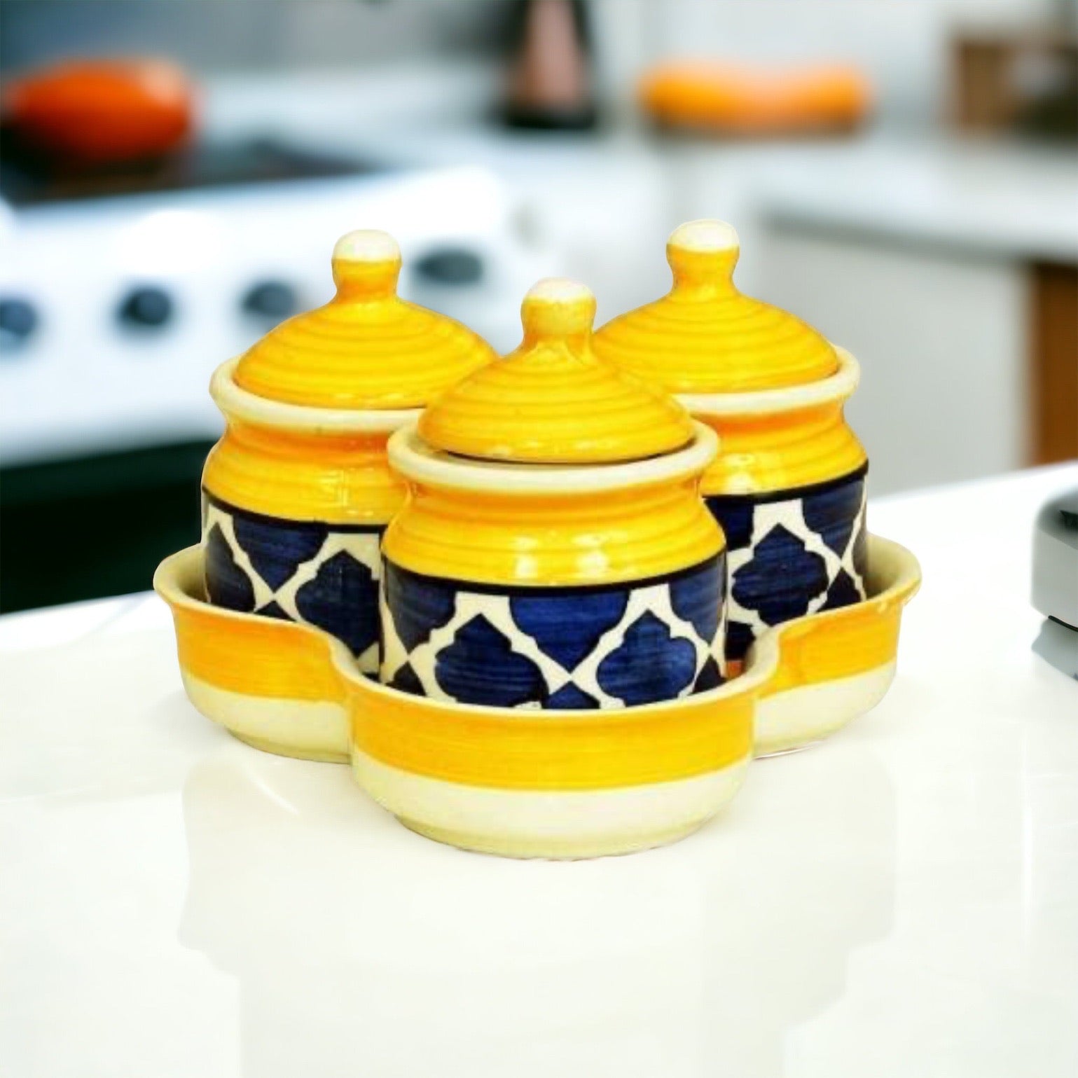 JhaJi Ceramics Pickle Serving Jar Set with Tray | Condiment Set | Masala Container | Pickle and Chutney Jar Set for Dining Table, 200ML Set of 3
