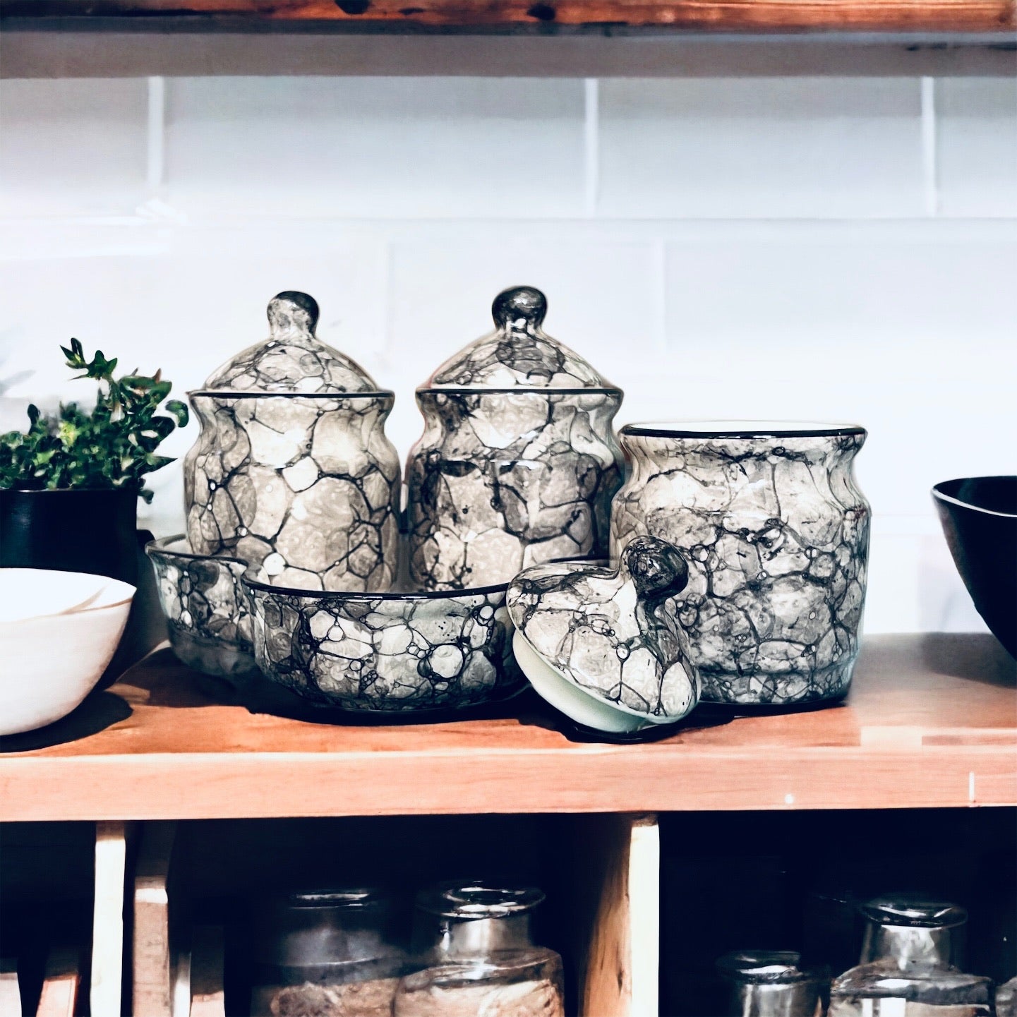 JhaJi Ceramics Pickle Serving Jar Set with Tray | Condiment Set | Masala Container | Pickle and Chutney Jar Set for Dining Table, 200ML Set of 3