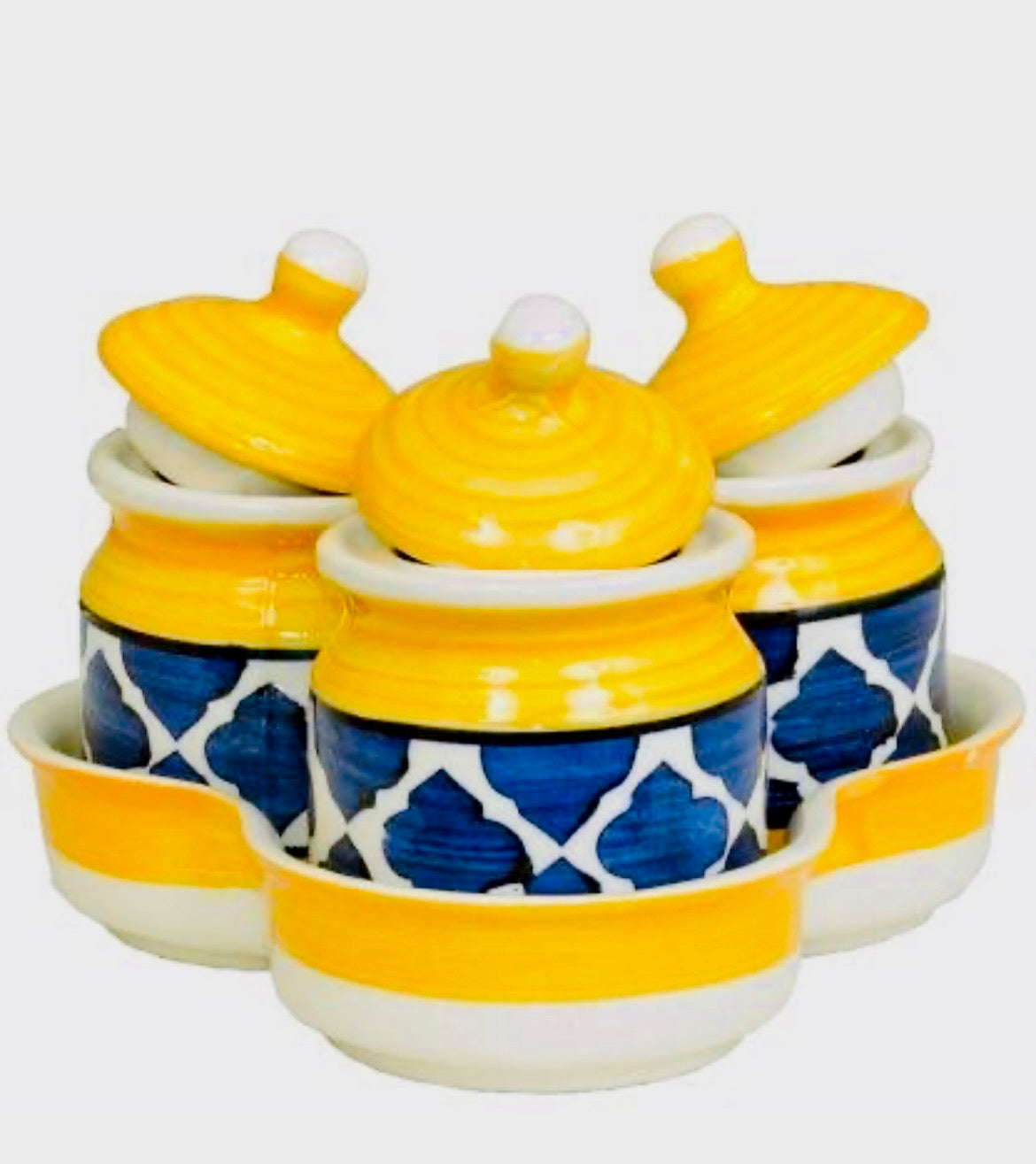 JhaJi Ceramics Pickle Serving Jar Set with Tray | Condiment Set | Masala Container | Pickle and Chutney Jar Set for Dining Table, 200ML Set of 3