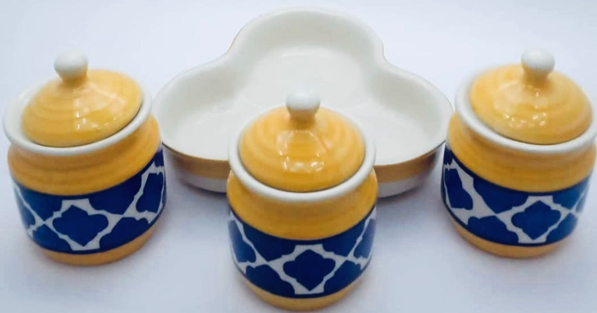 JhaJi Ceramics Pickle Serving Jar Set with Tray | Condiment Set | Masala Container | Pickle and Chutney Jar Set for Dining Table, 200ML Set of 3