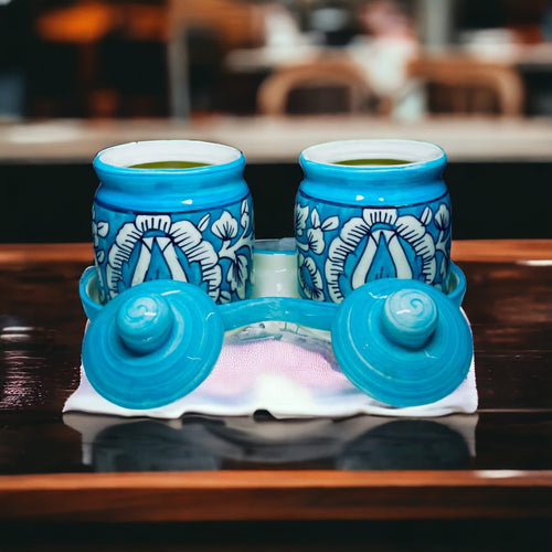 JhaJi Ceramics Pickle Serving Jar Set with Tray | Condiment Set | Masala Container | Pickle and Chutney Jar Set for Dining Table, 200ML Set of 2