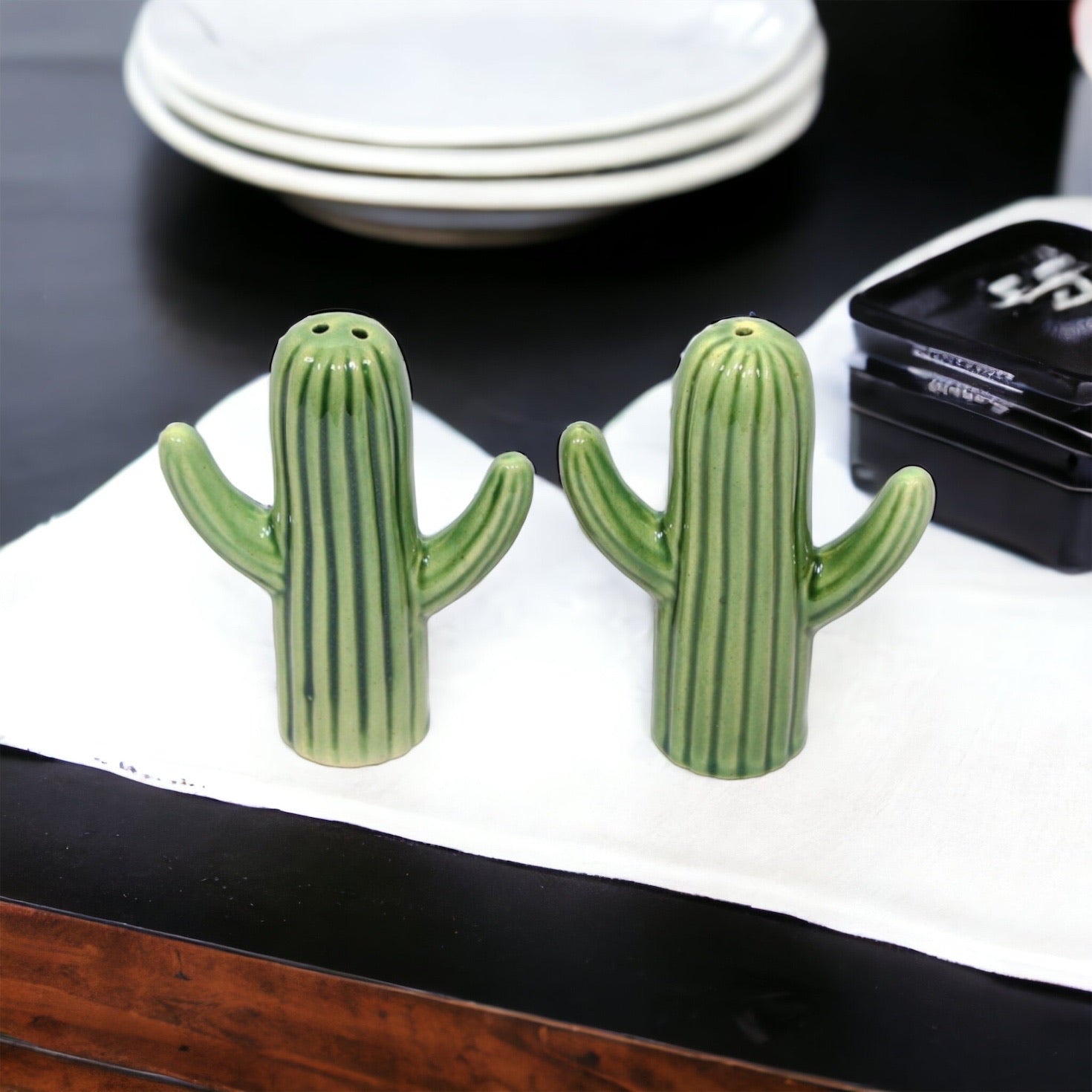 Jha Ji Ceramics Salt and Pepper | Seasoning & Spice Shakers |Cactus Set Holder Dispensers Pepper Condiment 2 Pcs | (Green)