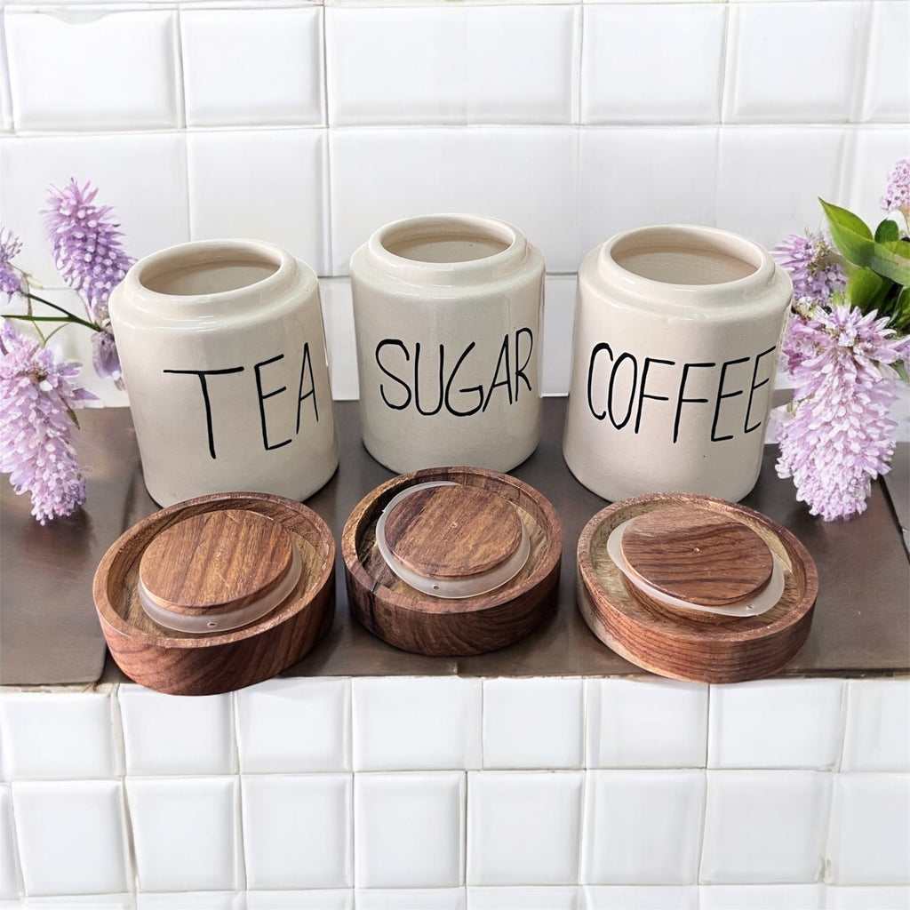 Jha Ji Ceramic Air Tight Jars with Wooden Lids – Pack of 3