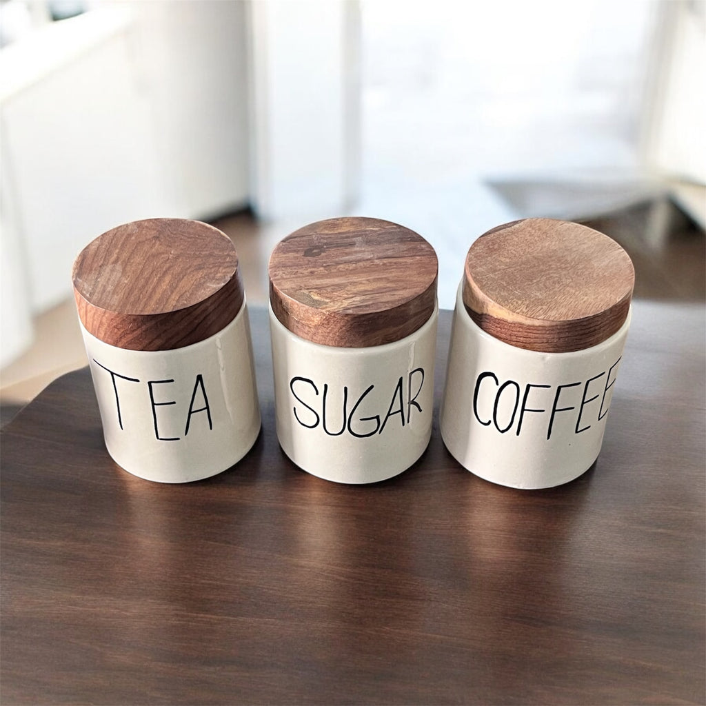 Jha Ji Ceramic Air Tight Jars with Wooden Lids – Pack of 3
