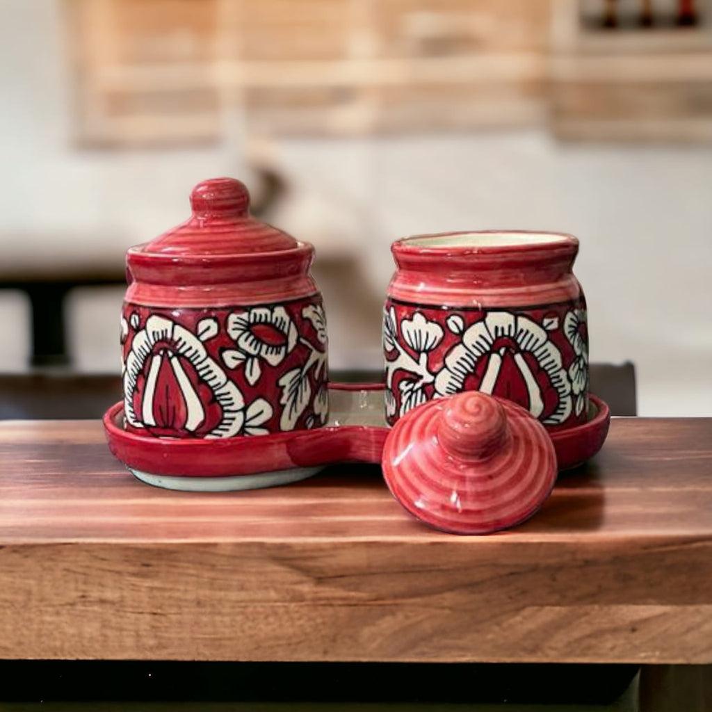 JhaJi Ceramics Pickle Serving Jar Set with Tray | Condiment Set | Masala Container | Pickle and Chutney Jar Set for Dining Table, 200ML Set of 2
